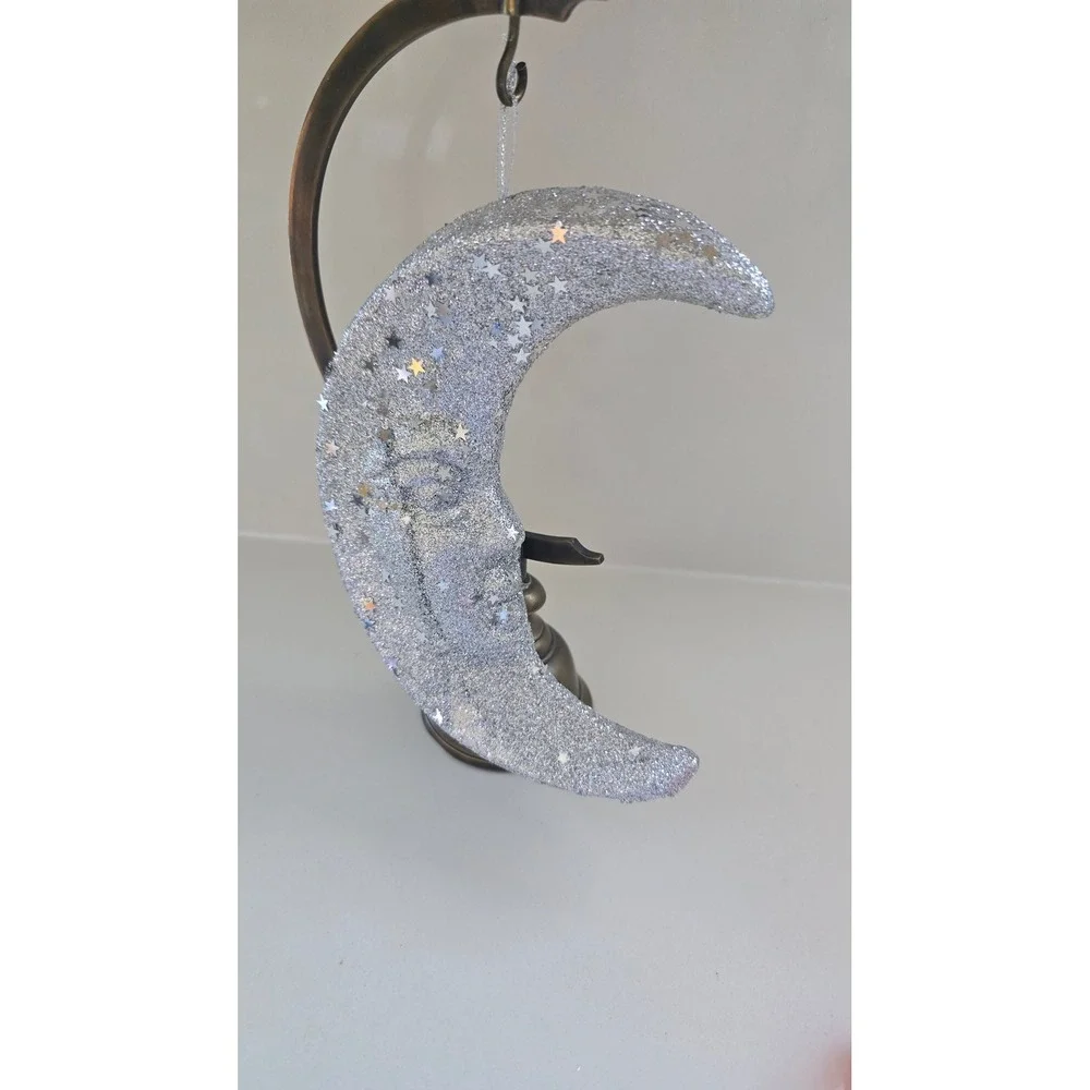 New Kurt Adler Silver Glitter Crescent Man in Moon Ornament styrofoam